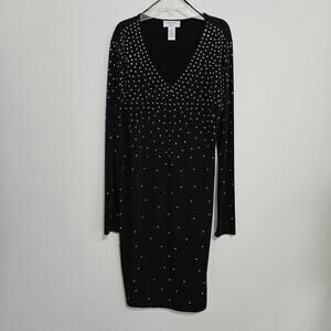 Carmen Marc Valvo Cocktail Dress Black w Silver Beads Long Sleeve Slinky Sz M